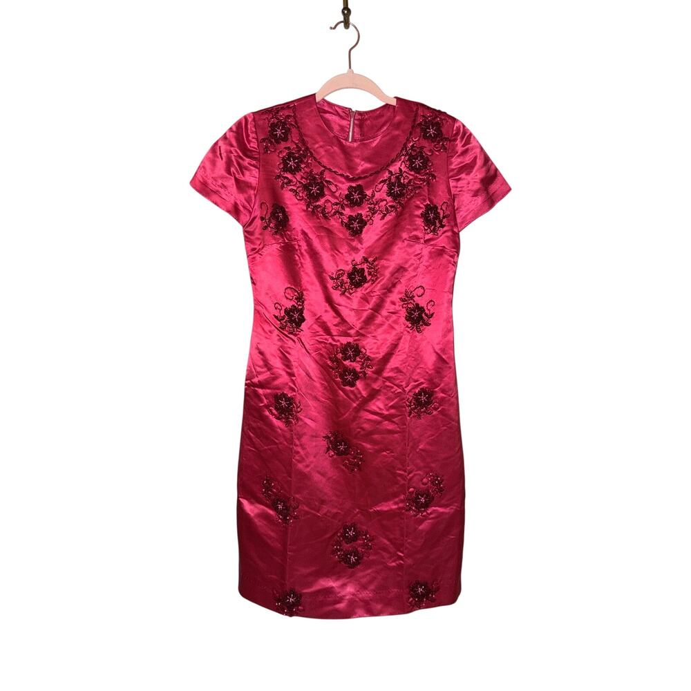 Handmade vintage red satin beaded dress date wedding guest banquet small glam